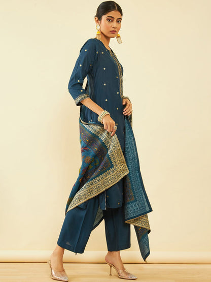 Dhiyona SO Women's Ethnic Motifs Woven Design Zari Straight Kurta With Trousers & Dupatta