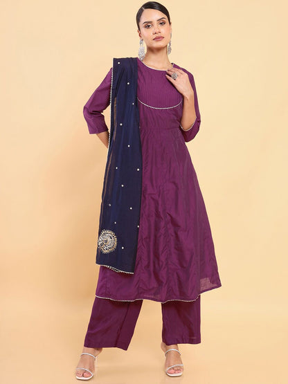 Dhiyona SO Women's Women Purple Chanderi Silk Kurta with Palazzos & With Dupatta