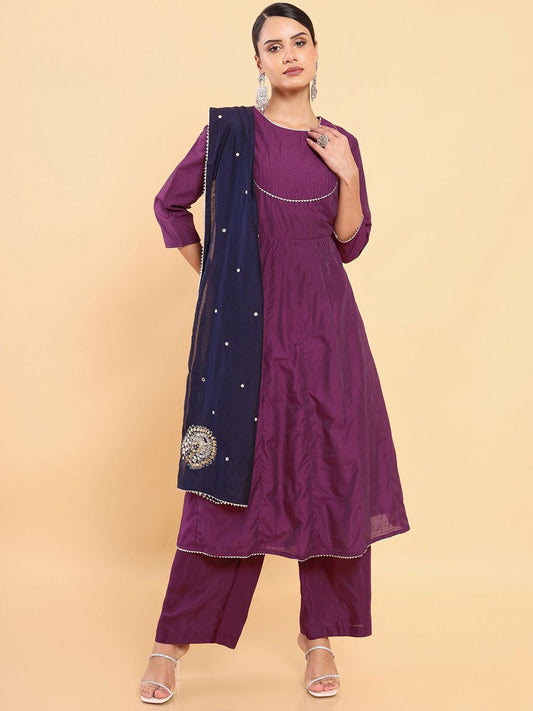Dhiyona SO Women's Women Purple Chanderi Silk Kurta with Palazzos & With Dupatta