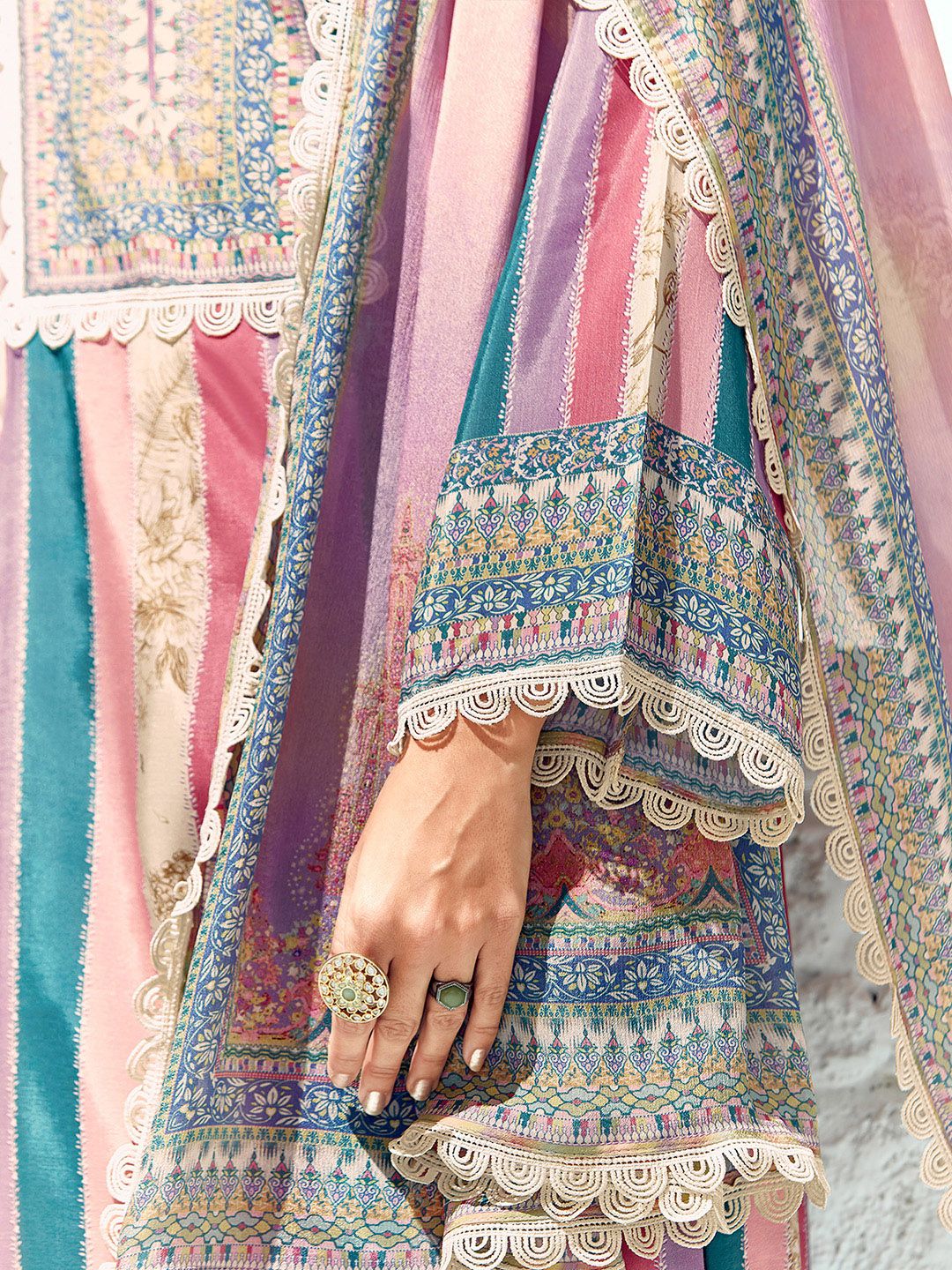 Dhiyona IE Women Ethnic Motifs Printed Regular Thread Work Kurta Trousers With Dupatta