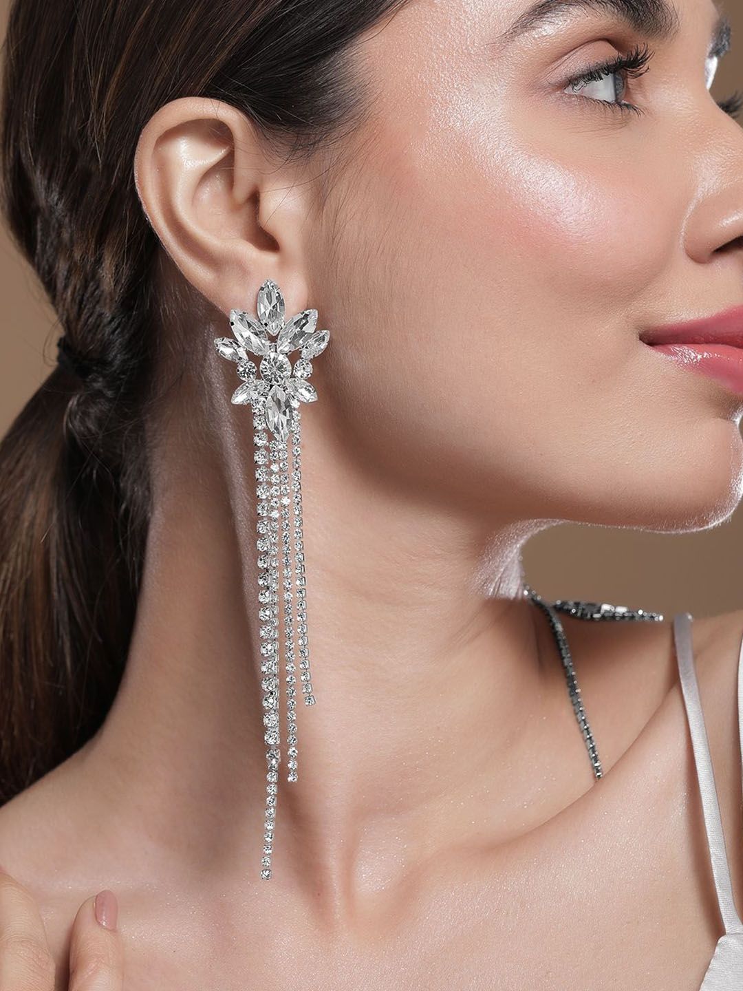 Dhiyona RJ Women's Rhodium Plated Crystal AD & Zirconia Studded MultiLayer Shoulder Drop Earrings