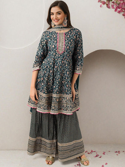 Dhiyona IS Women's Floral Printed Gotta Patti Pure Cotton Anarkali Kurta With Sharara & Dupatta