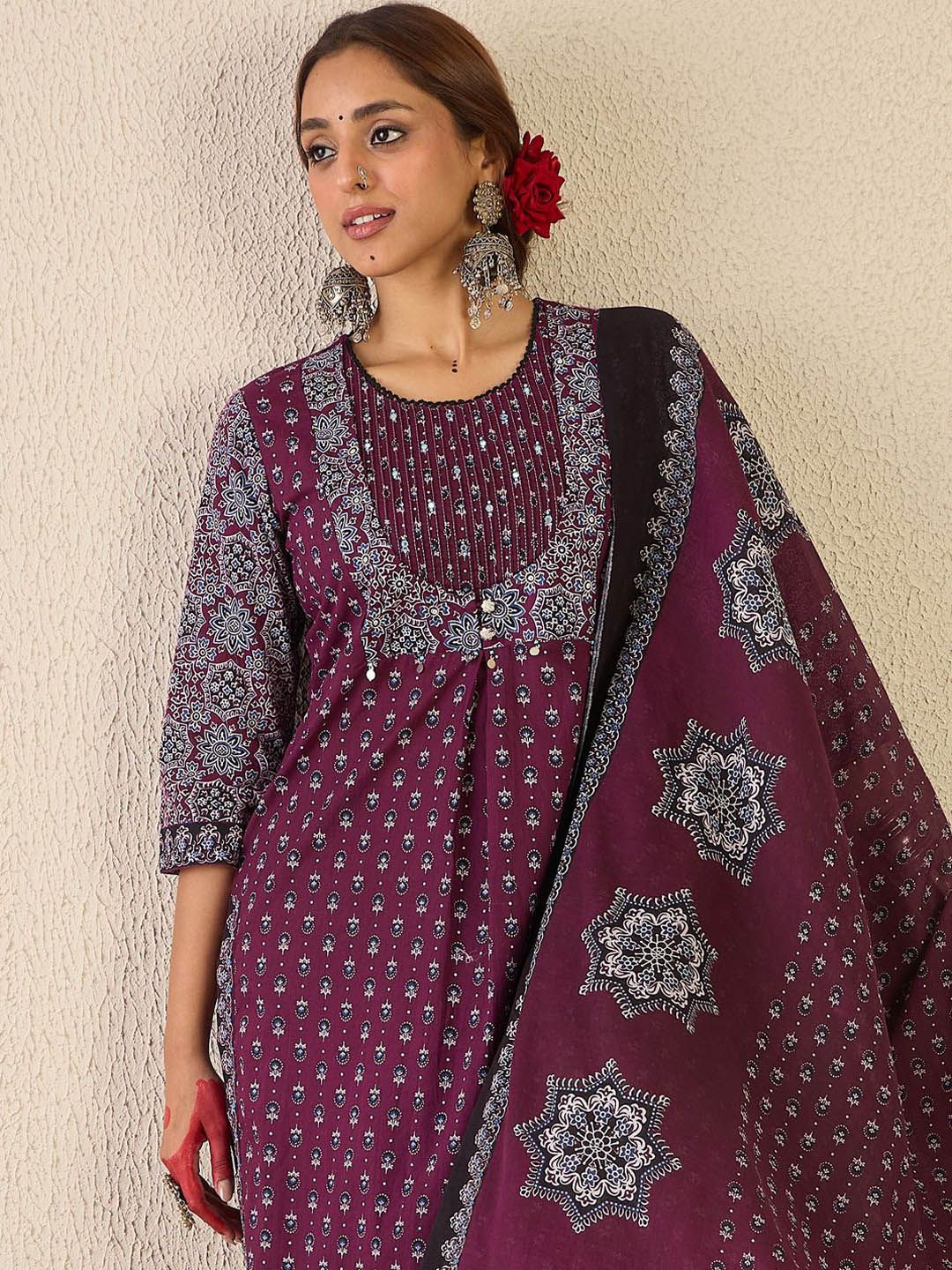 Dhiyona IE Women Ethnic Motifs Printed Pure Cotton Kurta with Trousers & Dupatta Kurta Sets