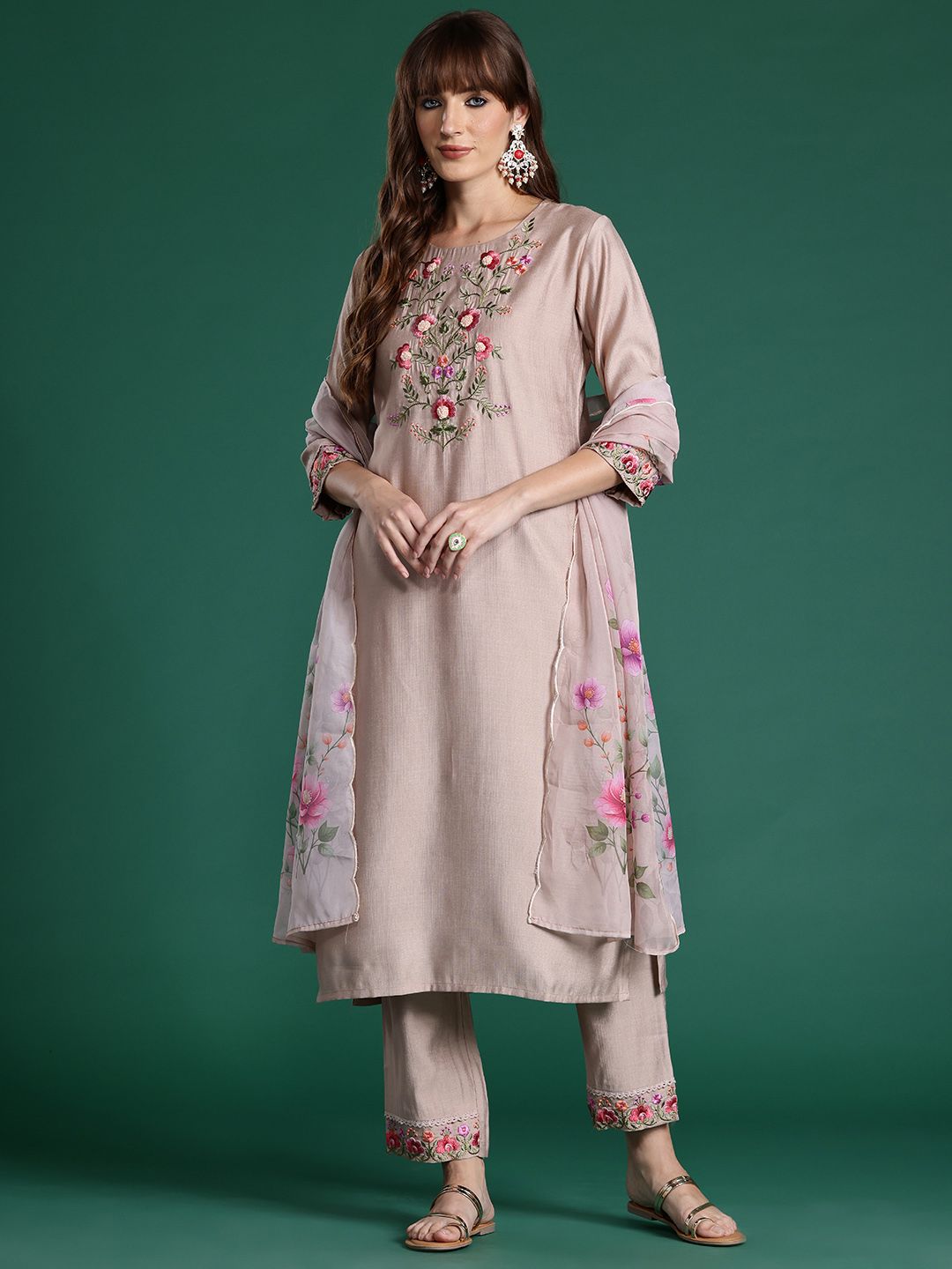 Dhiyona IE Floral Embroidered Thread Work Kurta with Trousers & With Dupatta