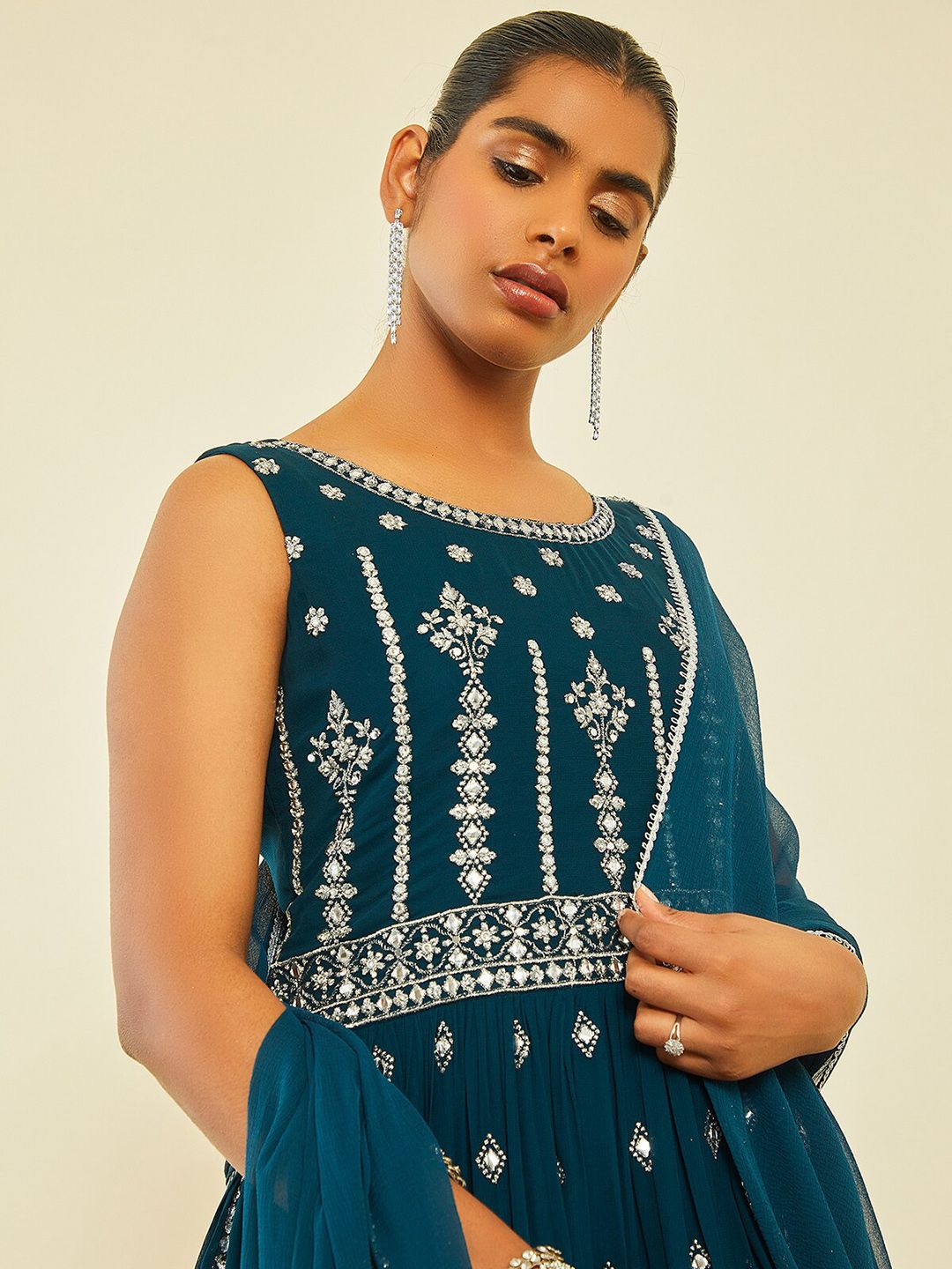 Dhiyona SO Women's Ethnic Motifs Embroidered Empire Georgette Kurta with Palazzos & Dupatta