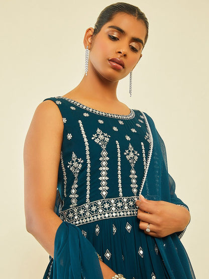 Dhiyona SO Women's Ethnic Motifs Embroidered Empire Georgette Kurta with Palazzos & Dupatta