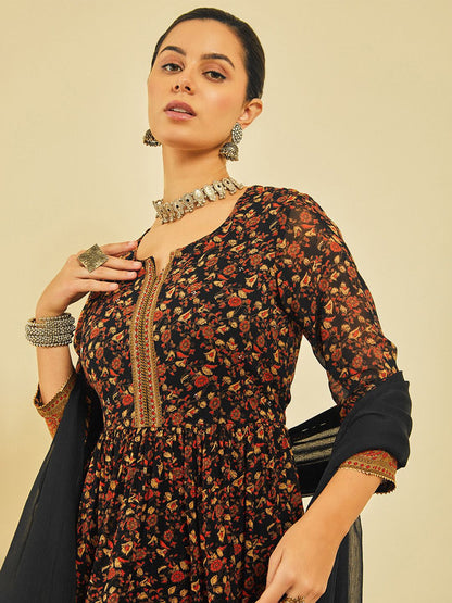 Dhiyona SO Women's Women Floral Printed Pleated Beads and Stones Kurta with Sharara & With Dupatta