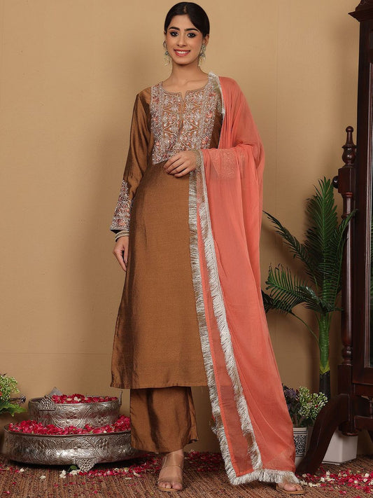 Dhiyona VA Women'sEthnic Motifs Embroidered Zari A-Line Kurta With Trousers & Dupatta