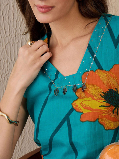 Dhiyona IE Floral Printed Pure Cotton A-Line Tunic With Trouser