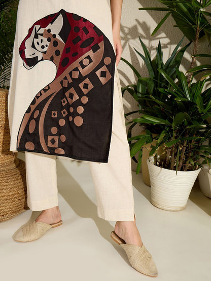 Animal Embroidered Thread Work Pure Cotton Kurta with Palazzos