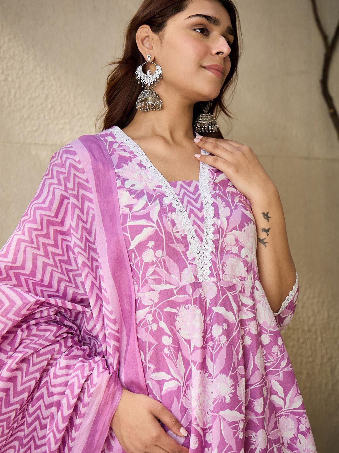 Dhiyona IE Floral Printed V Neck Pure Cotton Panelled A-Line Kurta with Trousers & Dupatta