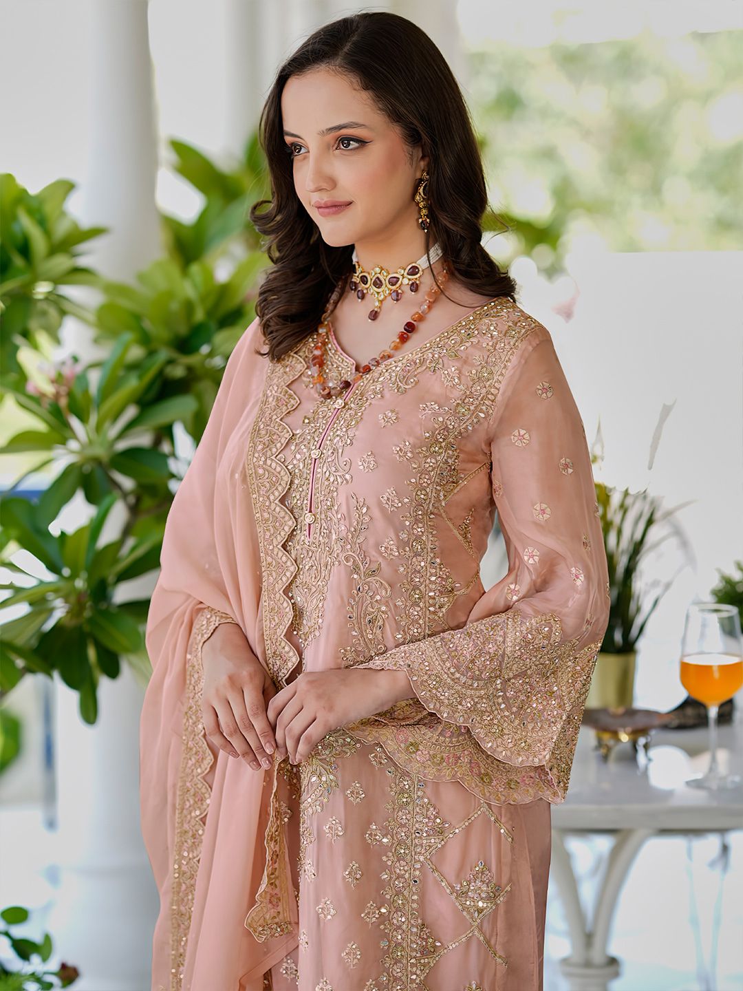 Dhiyona IE Ethnic Motifs Embroidered Sweetheart Neck Straight Kurta With Trousers & Dupatta