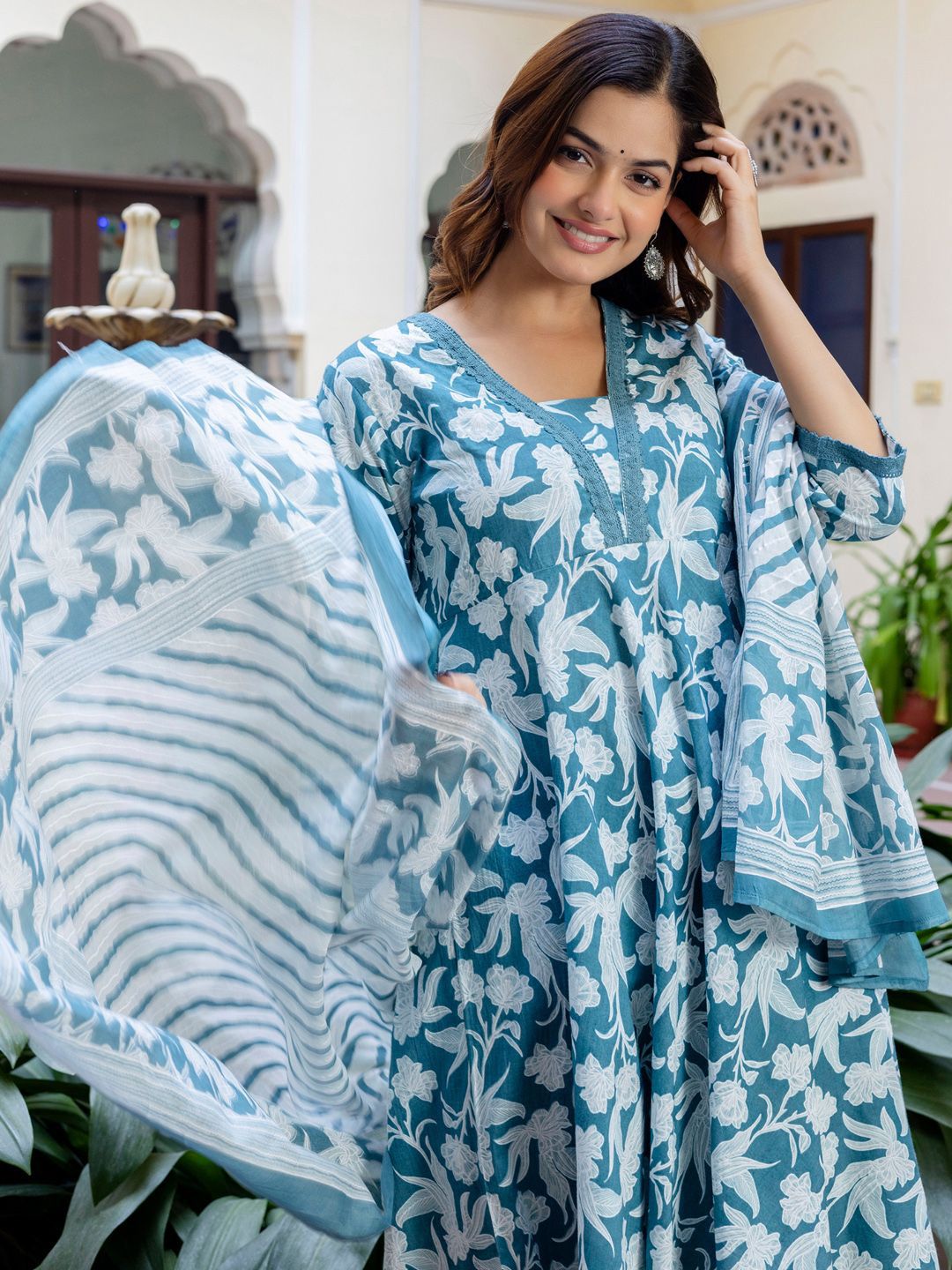 Dhiyona IE Floral Printed Square Neck Pure Cotton A-Line Kurta With Trousers & Dupatta