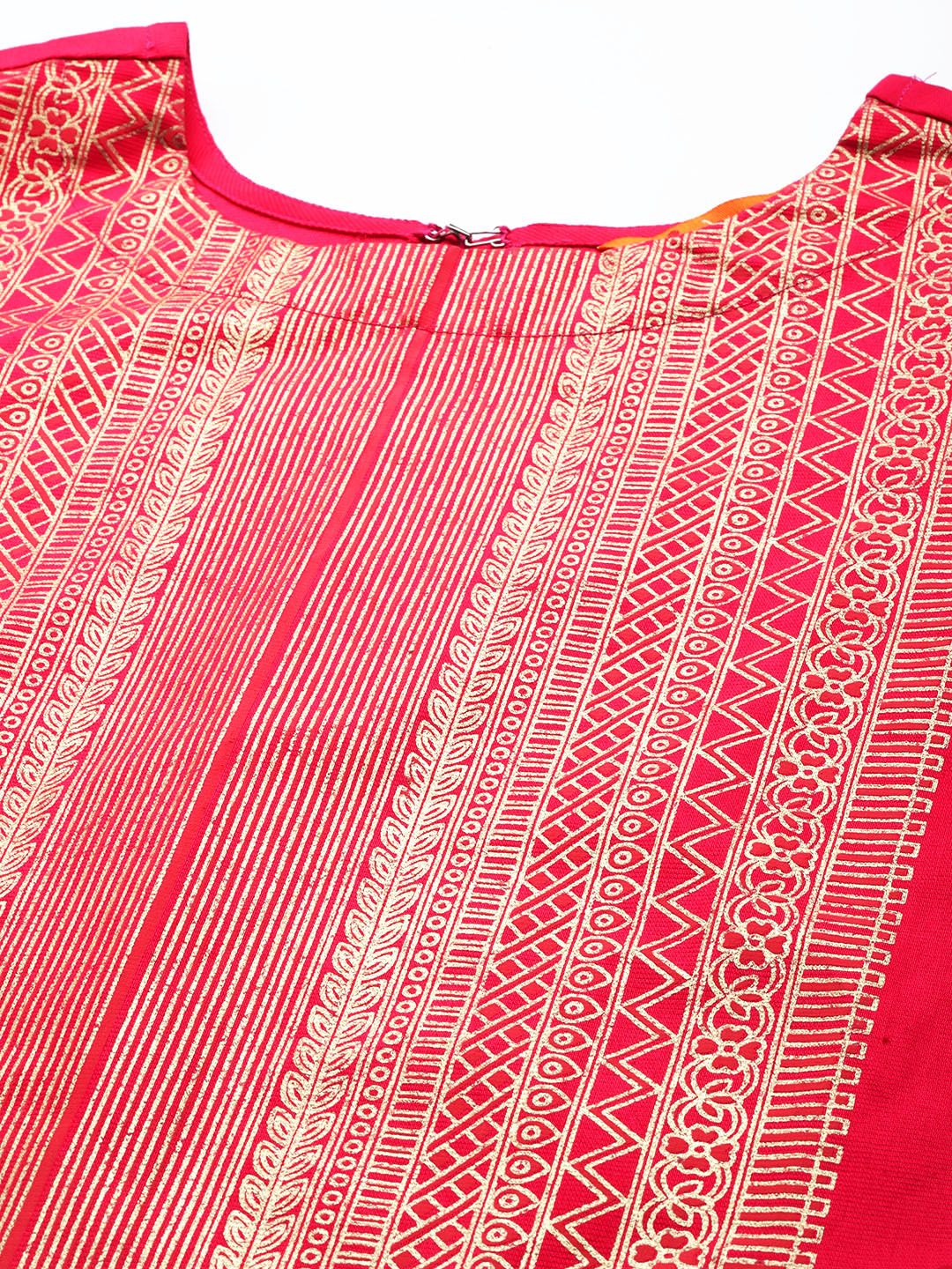 Dhiyona IE Women Pink & Gold Ethnic Motifs Foil Print Yoke Design Straight Liva Kurta