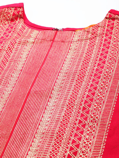 Dhiyona IE Women Pink & Gold Ethnic Motifs Foil Print Yoke Design Straight Liva Kurta