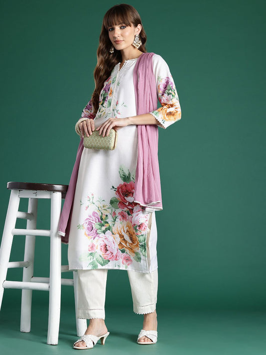 Floral Printed Beads and Stones Linen Kurta with Trousers & With Dupatta