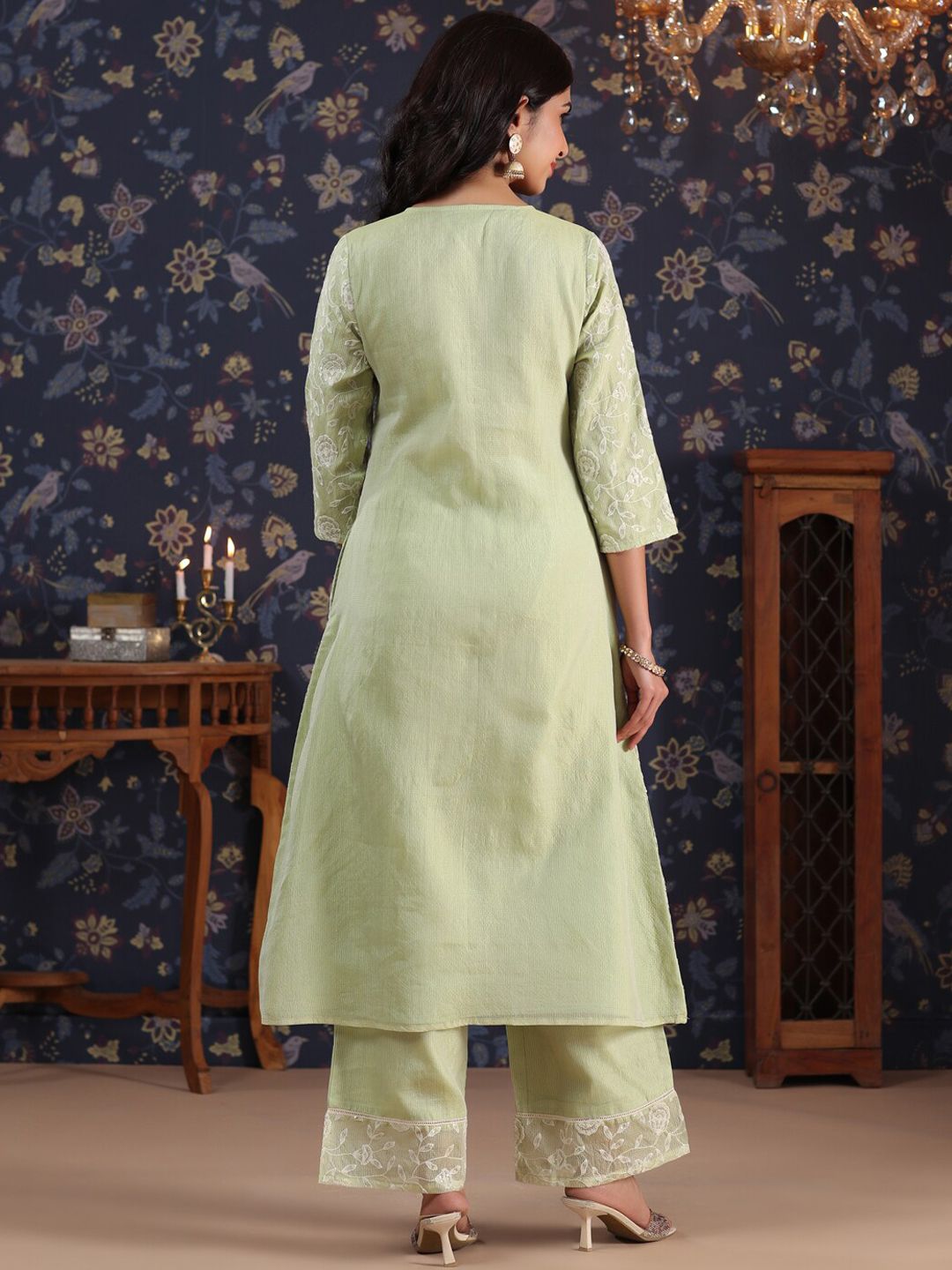 Dhiyona PD Women Ethnic Floral Embroidered Sequined A-Line Kurta With Palazzos