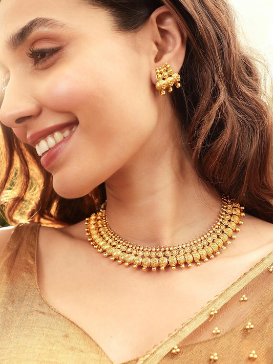 Dhiyona RJ Women's 22K Gold-Plated Traditional Handcrafted Jewellery Set with Intricate Detailing