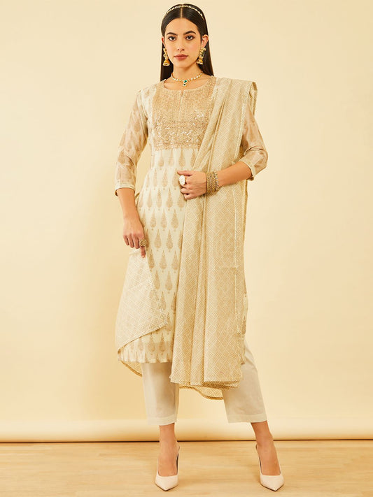 Dhiyona SO Women's Women Floral Printed Chanderi Silk Straight Kurta With Trousers & Dupatta