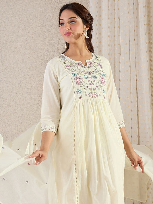 Women Floral Embroidered Cotton Kurta with Trousers & Dupatta
