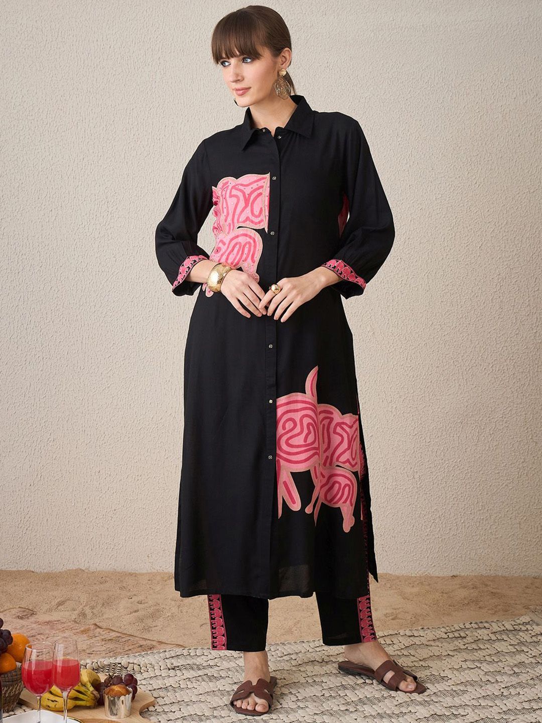 Dhiyona IE Women Ethnic Motifs Printed Regular Thread Work Kurta with Trousers