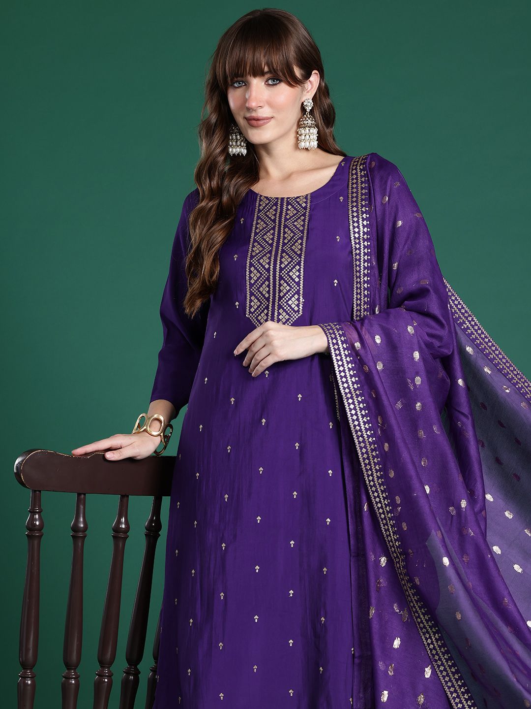 Ethnic Motifs Embroidered Sequinned Kurta with Trousers & Dupatta