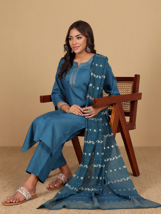 Dhiyona VA Women'sYoke Design Thread Work Notc Neck Straight Kurta With Trousers And Dupatta