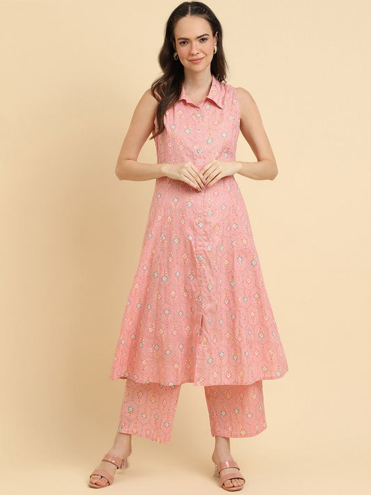 Dhiyona VA Women'sPink Floral Printed Regular Kurta with Trousers