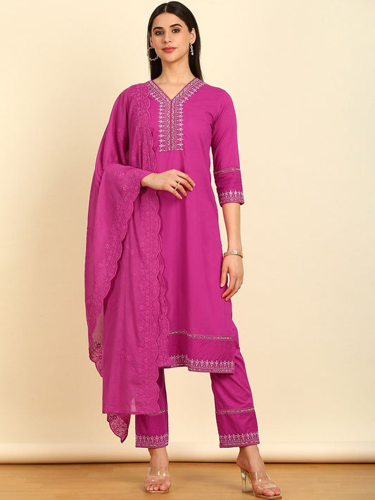 Dhiyona SO Women's Straight Pure Cotton Kurta With Trousers & Dupatta
