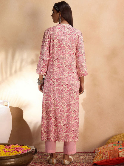 Dhiyona IE Floral Printed Embroidered Thread Work Straight Kurta