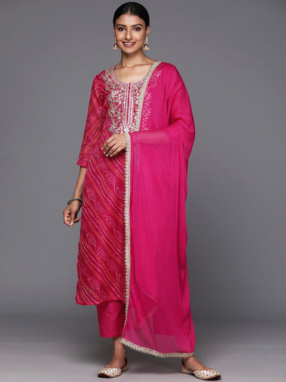 Dhiyona VA Women's Fuchsia Bandhani Printed Regular Gotta Patti Kurta with Trousers & With Dupatta