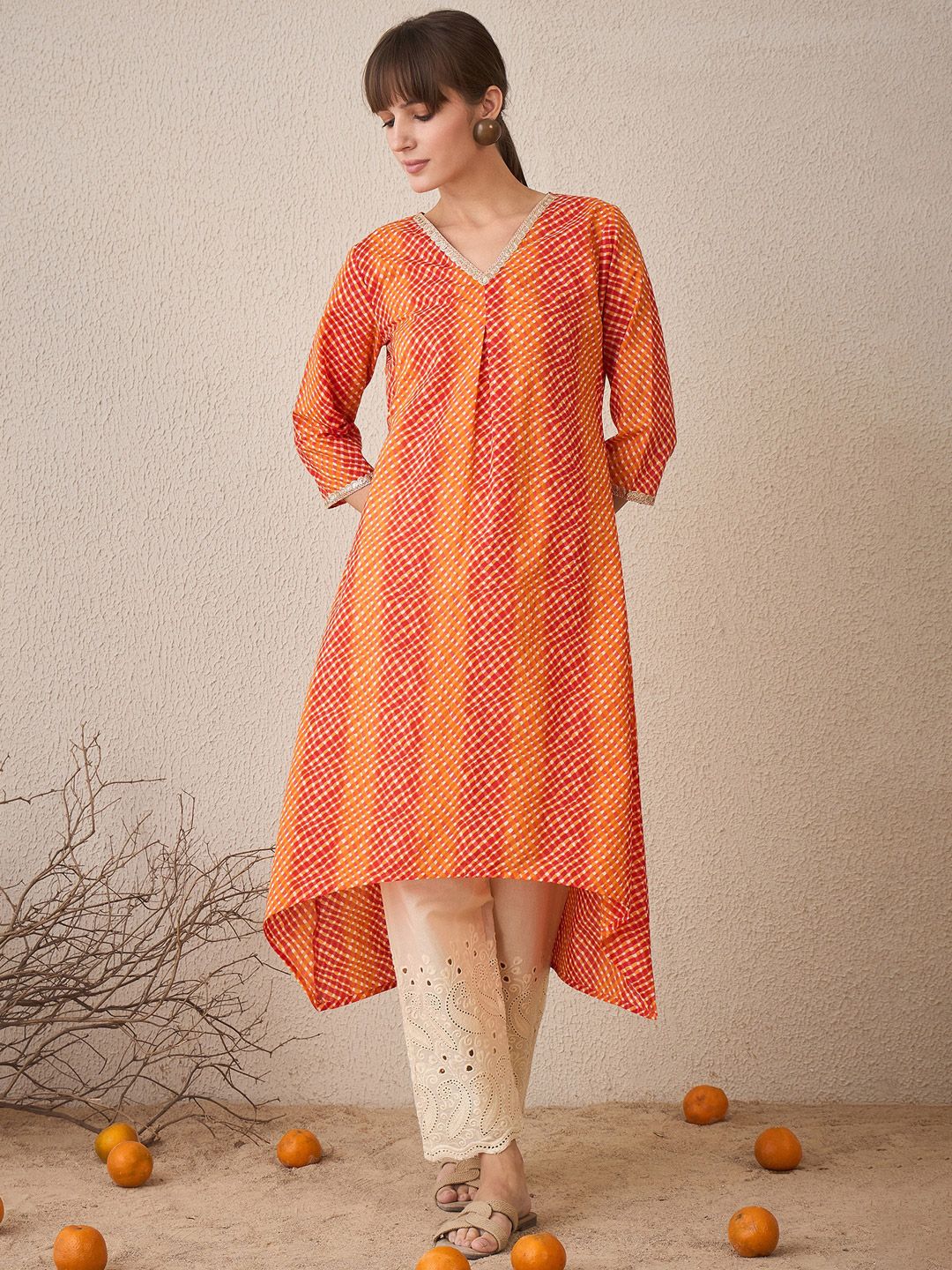Dhiyona IE Leheriya Printed Pleated V-Neck Sequins Pure Cotton A-Line Kurta