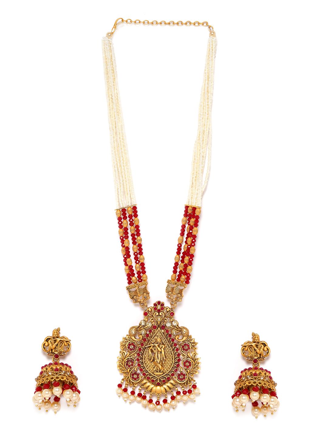 Dhiyona RJ Women's 18K Gold-Plated Red Stone Studded Pearl Beads Divine Krishna Temple Jewellery Set