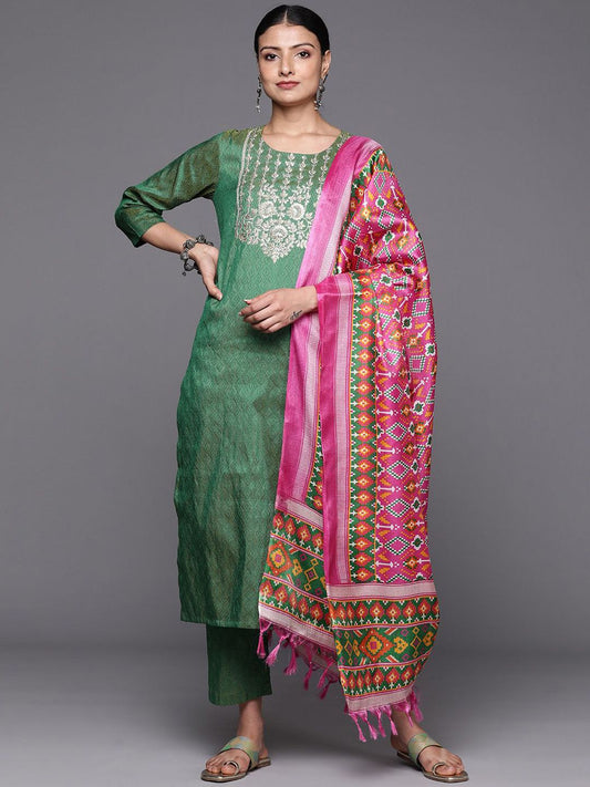 Dhiyona VA Women'sGeometric Woven Design Thread Work Straight Kurta With Trousers & Dupatta