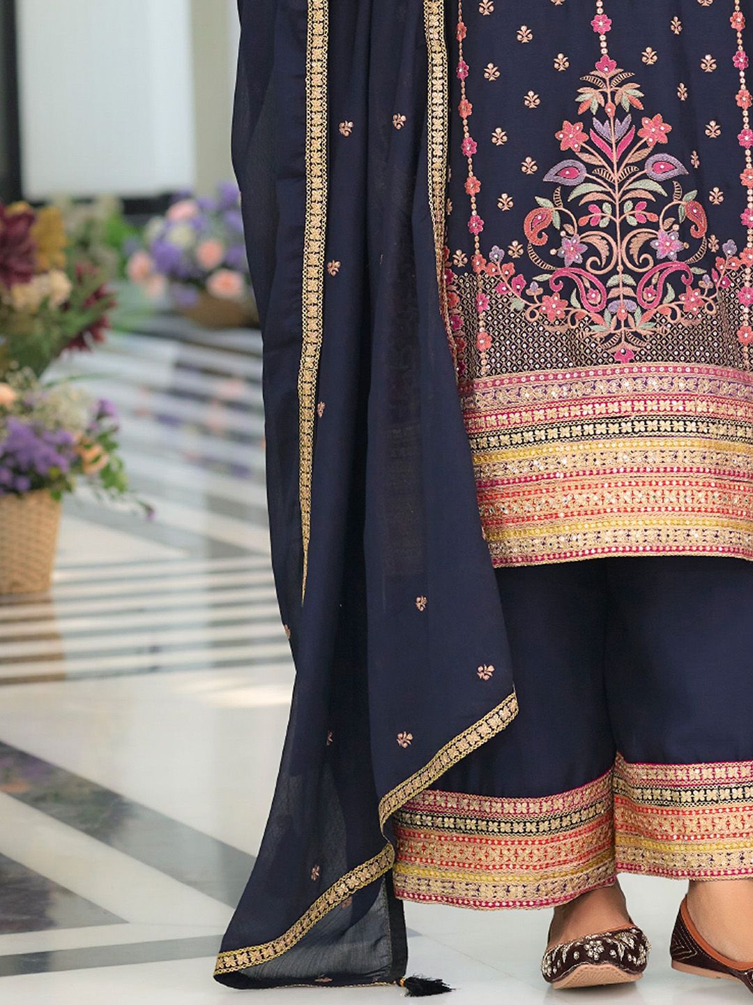 Floral Embroidered Round Neck Sequinned Straight Kurta With Palazzos & Dupatta