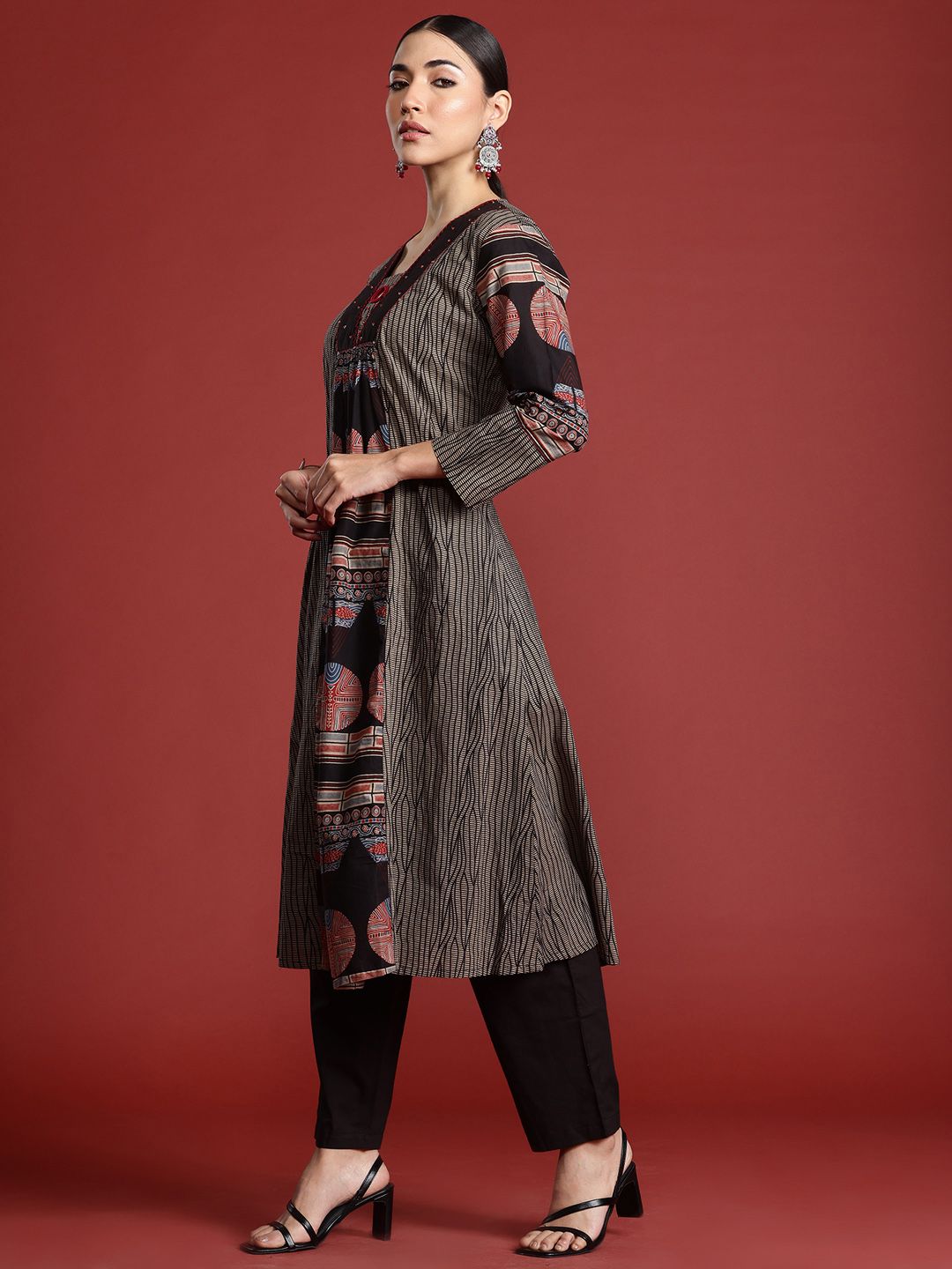 Printed Panelled Sequinned Pure Cotton A-Line Kurta with Trousers