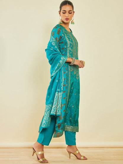 Dhiyona SO Women's Turquoise Blue Floral Printed Regular Beads and Stones Kurta With Trousers & Dupatta