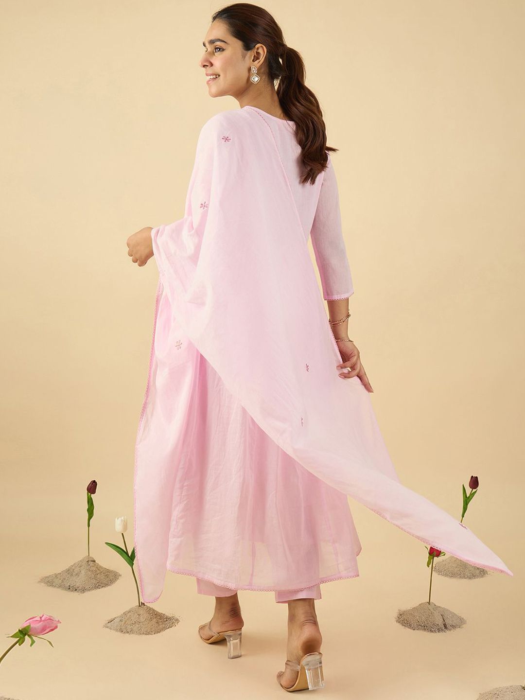 Dhiyona IE Floral Embroidered V Neck A Line Pure Cotton Kurta With Trousers & Dupatta