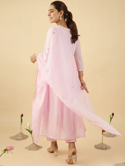 Dhiyona IE Floral Embroidered V Neck A Line Pure Cotton Kurta With Trousers & Dupatta