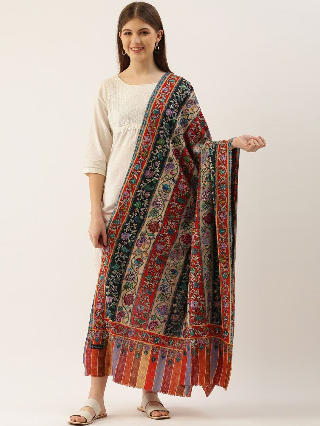 Dhiyona PA Women Multicoloured Embroidered Woolen Shawl