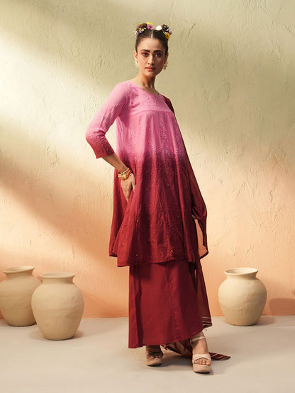 Dhiyona IS Women's Women Ombre Embroidered Regular Thread Work Pure Cotton Kurta with Palazzos & With Dupatta