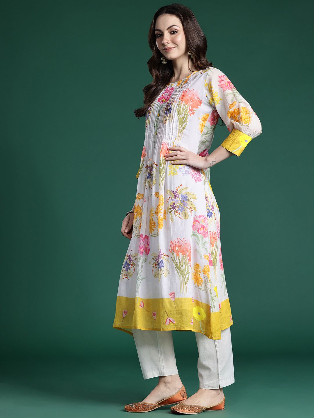 Floral Printed Pleated Pure Cotton A-Line Kurta with Trousers