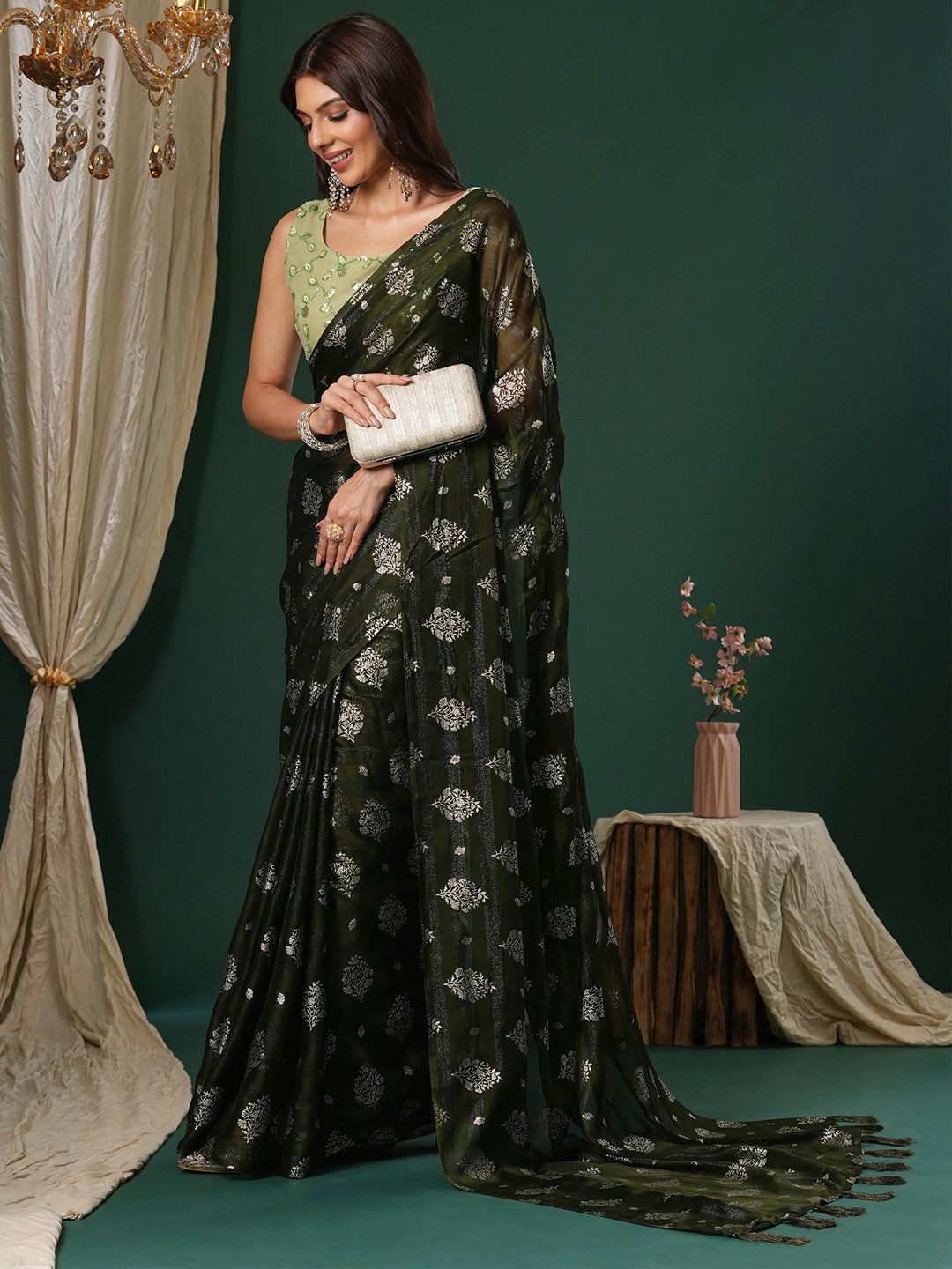 Women's Chiffon Light Green Printed Designer Saree With Blouse Piece