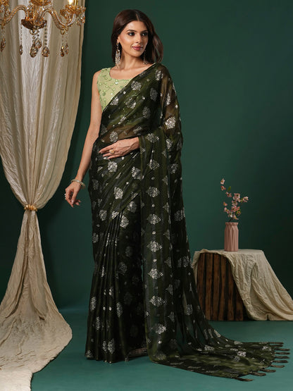 Women's Chiffon Light Green Printed Designer Saree With Blouse Piece