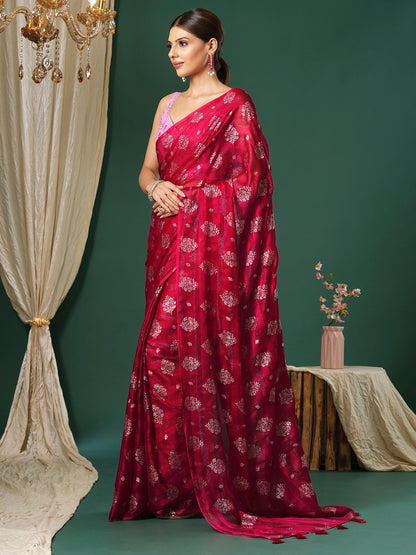 Women's Chiffon Pink Printed Designer Saree With Blouse Piece