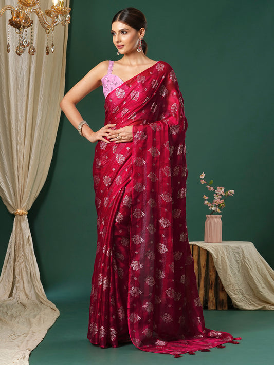 Women's Chiffon Pink Printed Designer Saree With Blouse Piece
