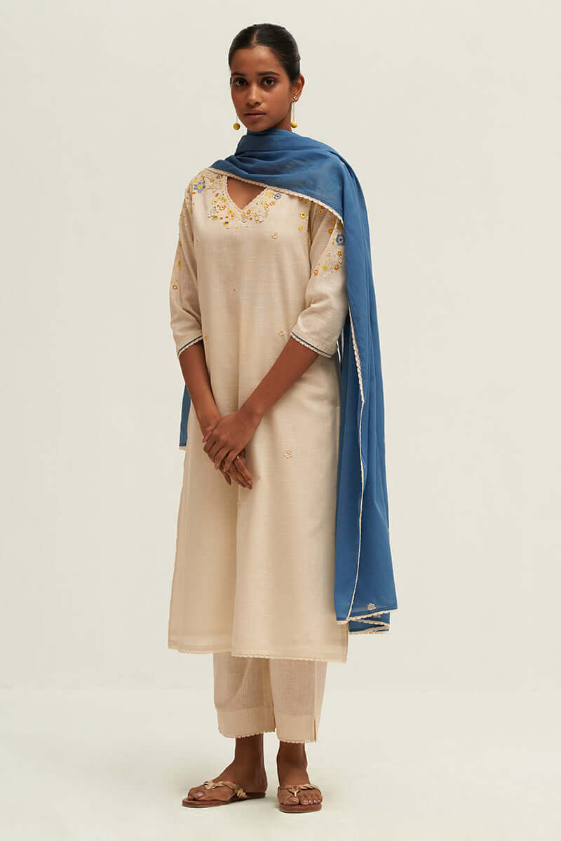 Women's Cream and Blue Cotton Linen Embroidered Salwar Suit