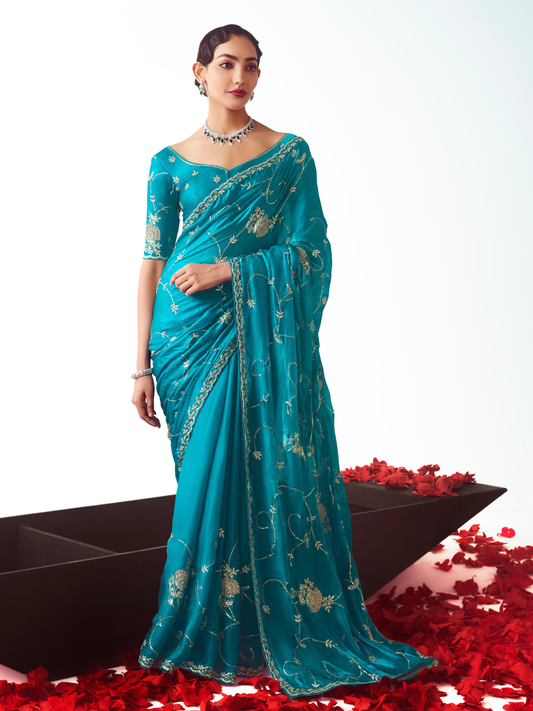 Dhiyona KM Women Teal Silk Saree Partywear Saree