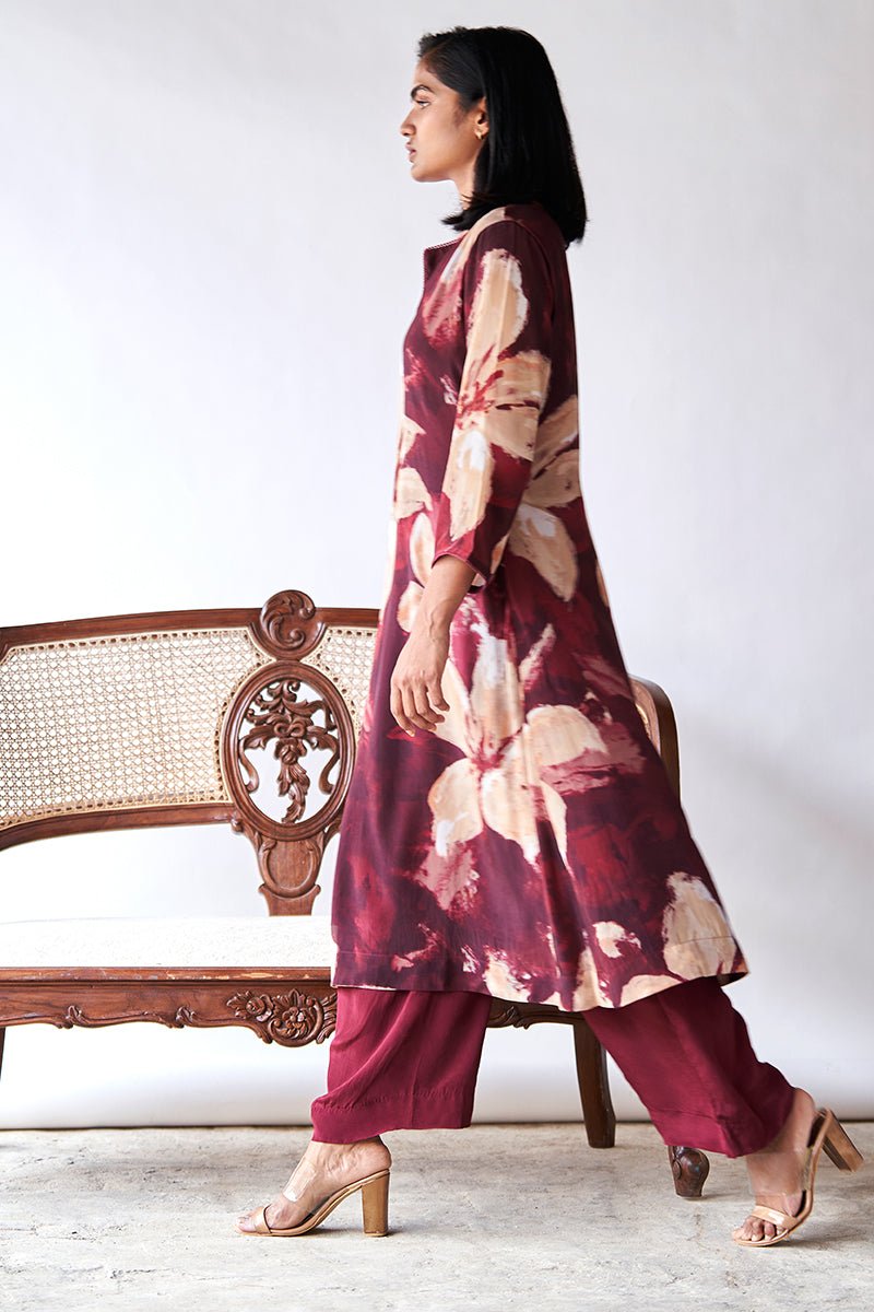 Women's Maroon and Beige Bemberg Silk Printed Co-ord Set