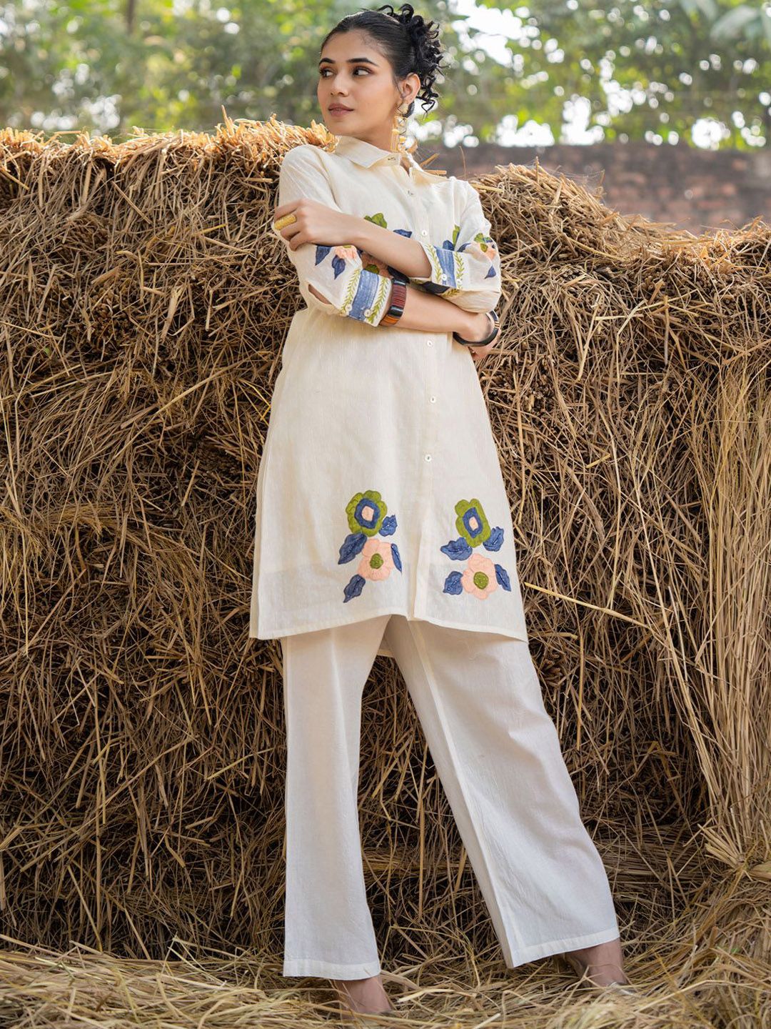 Dhiyona IE Floral Printed Shirt Collar Pure Cotton Tunic With Trouser